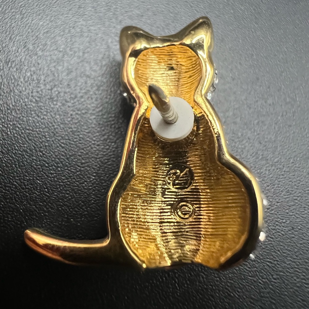 Swarovski Cat Tack Pin Crystal Gold Plated White Green Chic Retro - Picture 2 of 3